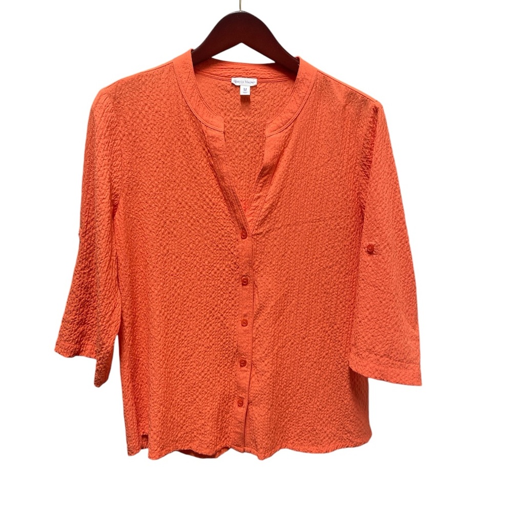 Rebecca Malone Womens Textured  3/4 Sleeve  VNeck Button Up Top Size M